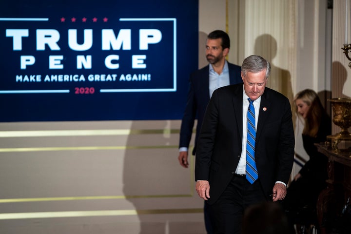 White House Chief of Staff Mark Meadows arrives to hear then-President Donald Trump speak in the East Room at the White House early in the morning on Nov 4, 2020, in Washington, D.C.