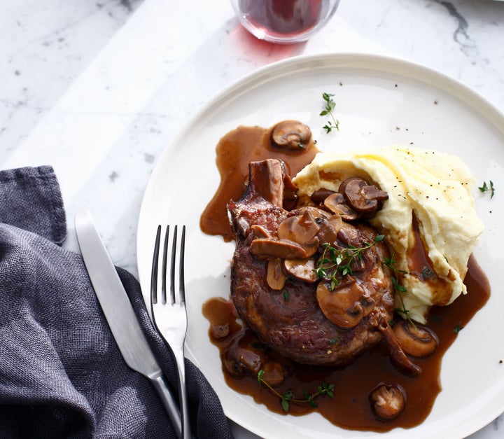 A reduction, like the one seen on this steak, is a sauce made of liquid (wine or stock) that's simply been boiled down until it's thick and syrupy.