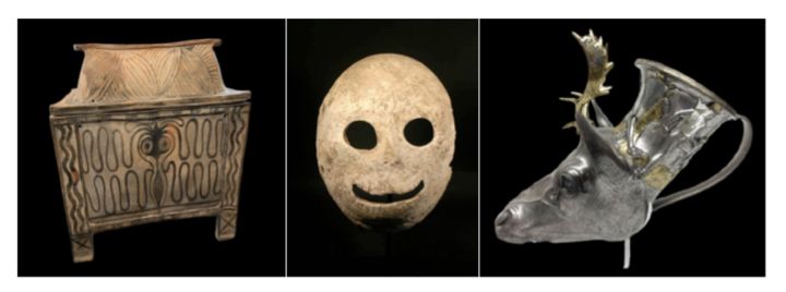 Pictured (from left to right): The Larnax, a Death Mask, and Stag’s Head Rhyton.