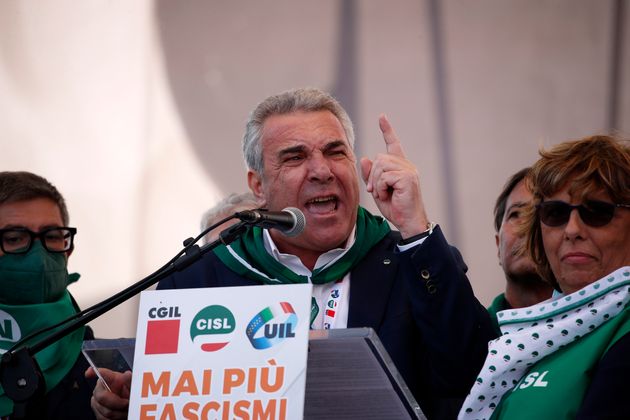 Italian trade unionist Luigi Sbarra, general secretary of the CISL, during the unitary anti-fascist demonstration...