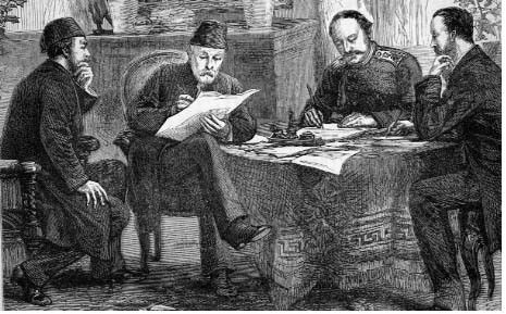 Ο Ν. Ιγνάτιεφ 2ος από δεξιά, πληρεξούσιος της Ρωσίας συνομολογεί τη Συνθήκη του Αγίου