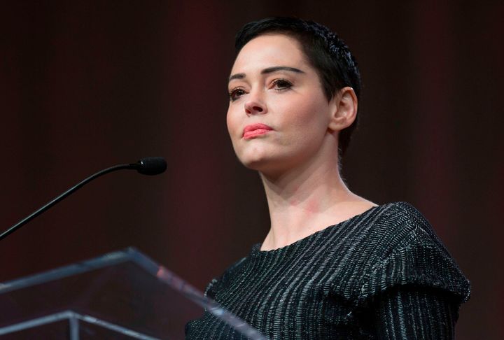 Rose McGowan gives opening remarks to the audience at the Women's March in Detroit, Michigan, on Oct. 27, 2017. 