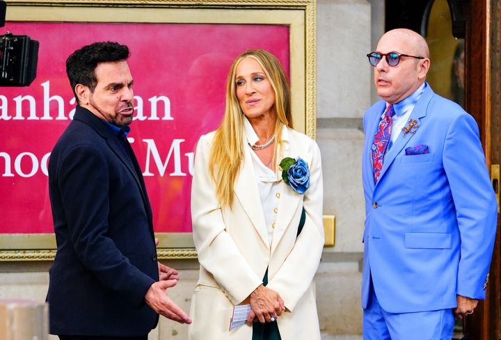 Mario Cantone, Sarah Jessica Parker and Willie Garson are seen filming And Just Like That..." on July 23 in New York City. Garson filmed the first three episodes of the revival before his death.