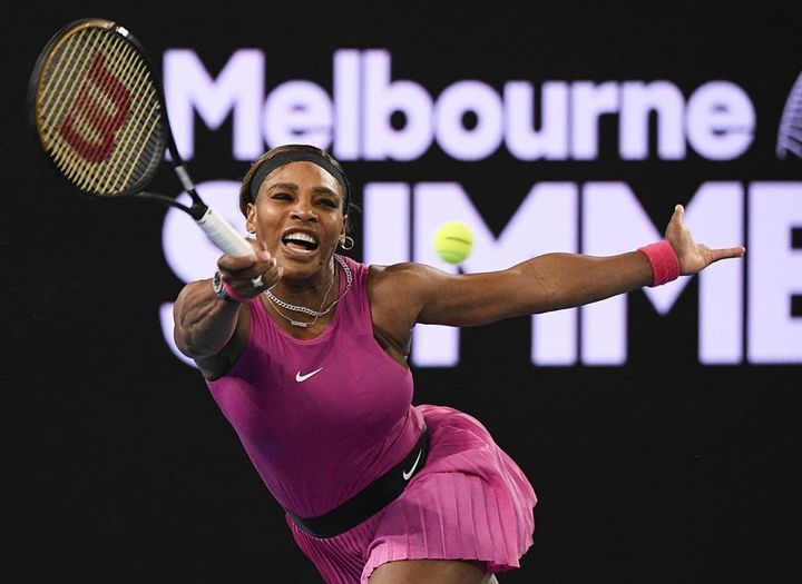 Serena Williams makes a forehand return to compatriot Danielle Collins during a tuneup event ahead of the Australian Open tennis championships in Melbourne, Australia on Feb. 5.