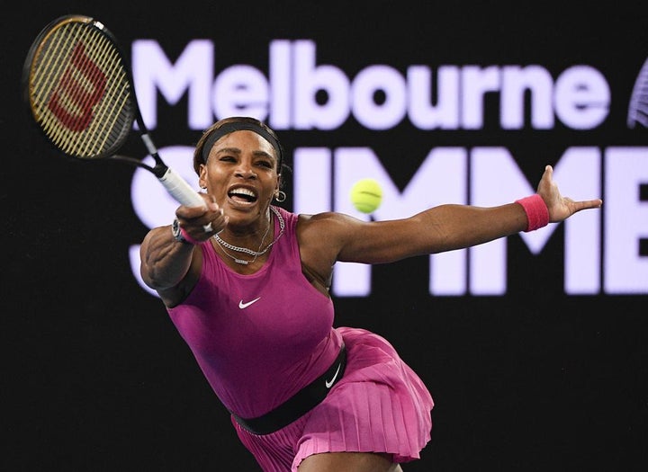 Serena Williams makes a forehand return to compatriot Danielle Collins during a tuneup event ahead of the Australian Open tennis championships in Melbourne, Australia on Feb. 5.