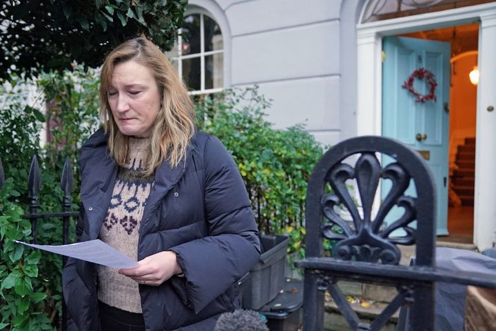 Allegra Stratton speaking outside her home in north London where she announced that she has resigned as an adviser to Boris Johnson.