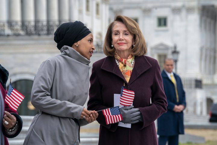 Rep. Ilhan Omar (D-Minn.), left, drew the ire of House Speaker Nancy Pelosi (D-Calif.) in 2019 for two comments about U.S.-Israel policy that sparked anti-Semitism charges.