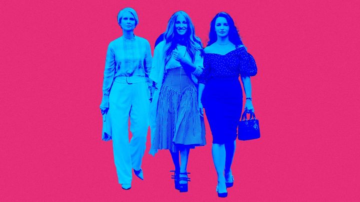 Cynthia Nixon as Miranda Hobbes, Sarah Jessica Parker as Carrie Bradshaw, Kristin Davis as Charlotte York.
