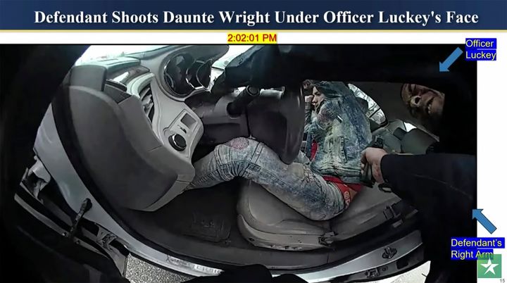 In this still from a police video, prosecutor Erin Eldridge shows footage from the traffic stop of Daunte Wright as she delivers the state's opening statement Wednesday at Hennepin County Courthouse in Minneapolis.