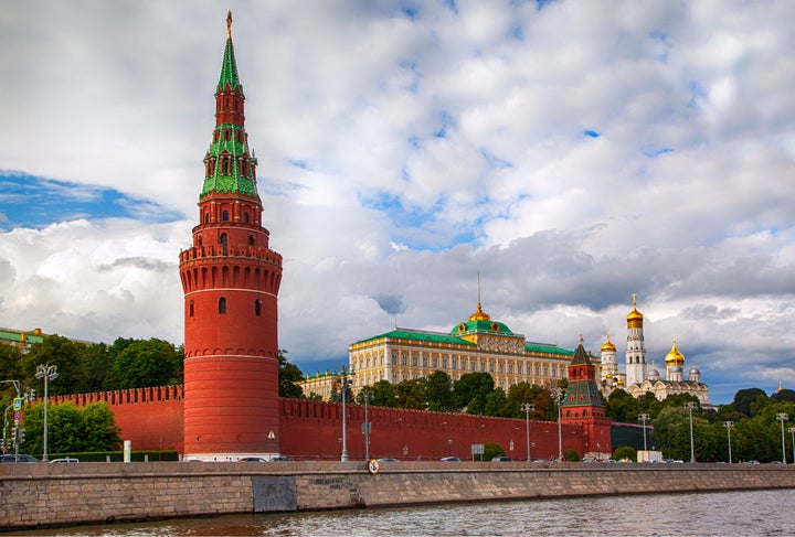 MOSCOW, RUSSIA - July 23, 2021: Moscow Kremlin, Kremlin Embankment and Moscow River in Moscow, Russia. Architecture and landmark of Moscow