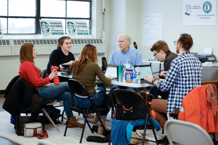 Starbucks Workers United members meet at their office in Buffalo, New York, on Dec. 7.