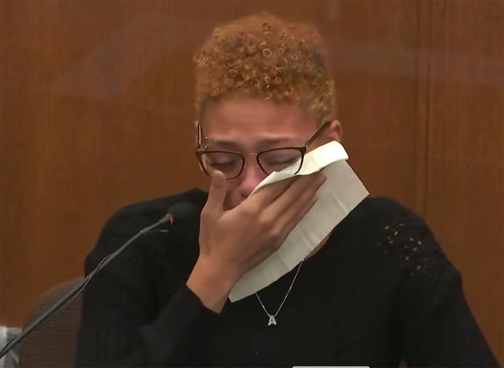 Alayna Albrecht-Payton, a passenger in Daunte Wright's car during a traffic stop, testifies as Hennepin County Judge Regina Chu presides over court Thursday, Dec. 9, 2021, in the trial of former Brooklyn Center police officer Kim Potter at the Hennepin County Courthouse in Minneapolis.