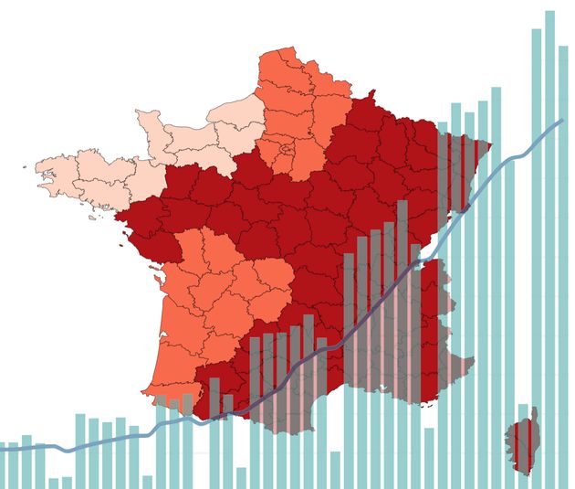 Le nombre de cas de Covid-19 recensés s'élève à 55.339 vendredi, un chiffre en baisse pour le 2e jour consécutif. (Sur cette carte : le taux d’occupation en réanimation est maintenant supérieur à 50%, sauf en Hauts-de-France, Normandie, Bretagne et Nouvelle-Aquitaine.)