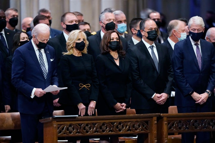 From left, President Joe Biden, first lady Jill Biden, Vice President Kamala Harris, her husband Doug Emhoff, and former President Bill Clinton, attend the funeral of former Sen. Bob Dole of Kansas, at the Washington National Cathedral, Friday, Dec. 10, 2021, in Washington. (AP Photo/Jacquelyn Martin)