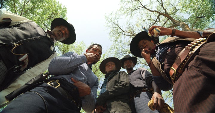 Delroy Lindo as Bass Reeves, Jonathan Majors as Nat Love, Danielle Deadwyler as Cuffee, Edi Gathegi as Bill Pickett and RJ Cyler As Jim Beckwourth in "The Harder They Fall."