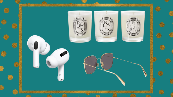 From left to right: <a href="https://www.amazon.com/Apple-MLWK3AM-A-New-AirPods/dp/B09JQMJHXY?tag=lourdesuribe-20&ascsubtag=61b269e7e4b0030da7d25278%2C-1%2C-1%2Cd%2C0%2C0%2Chp-fil-am%3D0%2C0%3A0%2C0%2C0%2C0" target="_blank" role="link" data-amazon-link="true" rel="sponsored" class=" js-entry-link cet-external-link" data-vars-item-name="Apple AirPods" data-vars-item-type="text" data-vars-unit-name="61b269e7e4b0030da7d25278" data-vars-unit-type="buzz_body" data-vars-target-content-id="https://www.amazon.com/Apple-MLWK3AM-A-New-AirPods/dp/B09JQMJHXY?tag=lourdesuribe-20&ascsubtag=61b269e7e4b0030da7d25278%2C-1%2C-1%2Cd%2C0%2C0%2Chp-fil-am%3D0%2C0%3A0%2C0%2C0%2C0" data-vars-target-content-type="url" data-vars-type="web_external_link" data-vars-subunit-name="article_body" data-vars-subunit-type="component" data-vars-position-in-subunit="0">Apple AirPods</a> from Amazon, <a href="https://go.skimresources.com/?id=38395X987171&xs=1&xcust=stocking-stuffer-splurges-lourdes-uribe-121321-&url=https%3A%2F%2Fwww.net-a-porter.com%2Fen-us%2Fshop%2Fproduct%2Fdiptyque%2Fbeauty%2Fcandles%2Fset-of-three-scented-candles-3-x-70g%2F1890828706280288%3Fcm_mmc%3DGoogle-ProductSearch-US--c-_-NAP_EN_US_PLA-_-NAP%2B-%2BAM%2B-%2BNY%2B-%2BGS%2B-%2BSSC%2B-%2BBeauty--AM%2B-%2BNY%2B-%2BBeauty_AM%26gclid%3DCjwKCAiA78aNBhAlEiwA7B76p90NTU4Pejjfn-b7peX0DYRvjZ2xpg02n9Q8ovzwIthu6_C05feEFxoClxgQAvD_BwE%26gclsrc%3Daw.ds" target="_blank" role="link" rel="sponsored" class=" js-entry-link cet-external-link" data-vars-item-name="Diptyque candles" data-vars-item-type="text" data-vars-unit-name="61b269e7e4b0030da7d25278" data-vars-unit-type="buzz_body" data-vars-target-content-id="https://go.skimresources.com/?id=38395X987171&xs=1&xcust=stocking-stuffer-splurges-lourdes-uribe-121321-&url=https%3A%2F%2Fwww.net-a-porter.com%2Fen-us%2Fshop%2Fproduct%2Fdiptyque%2Fbeauty%2Fcandles%2Fset-of-three-scented-candles-3-x-70g%2F1890828706280288%3Fcm_mmc%3DGoogle-ProductSearch-US--c-_-NAP_EN_US_PLA-_-NAP%2B-%2BAM%2B-%2BNY%2B-%2BGS%2B-%2BSSC%2B-%2BBeauty--AM%2B-%2BNY%2B-%2BBeauty_AM%26gclid%3DCjwKCAiA78aNBhAlEiwA7B76p90NTU4Pejjfn-b7peX0DYRvjZ2xpg02n9Q8ovzwIthu6_C05feEFxoClxgQAvD_BwE%26gclsrc%3Daw.ds" data-vars-target-content-type="url" data-vars-type="web_external_link" data-vars-subunit-name="article_body" data-vars-subunit-type="component" data-vars-position-in-subunit="1">Diptyque candles</a> and <a href="https://go.skimresources.com/?id=38395X987171&xs=1&xcust=stocking-stuffer-splurges-lourdes-uribe-121321-&url=https%3A%2F%2Fwww.net-a-porter.com%2Fen-us%2Fshop%2Fproduct%2Fceline-eyewear%2Faccessories%2Fsquare-frame%2Foversized-square-frame-gold-tone-sunglasses%2F4394988609256432" target="_blank" role="link" rel="sponsored" class=" js-entry-link cet-external-link" data-vars-item-name="Celine sunglasses" data-vars-item-type="text" data-vars-unit-name="61b269e7e4b0030da7d25278" data-vars-unit-type="buzz_body" data-vars-target-content-id="https://go.skimresources.com/?id=38395X987171&xs=1&xcust=stocking-stuffer-splurges-lourdes-uribe-121321-&url=https%3A%2F%2Fwww.net-a-porter.com%2Fen-us%2Fshop%2Fproduct%2Fceline-eyewear%2Faccessories%2Fsquare-frame%2Foversized-square-frame-gold-tone-sunglasses%2F4394988609256432" data-vars-target-content-type="url" data-vars-type="web_external_link" data-vars-subunit-name="article_body" data-vars-subunit-type="component" data-vars-position-in-subunit="2">Celine sunglasses</a> from Net-a-Porter
