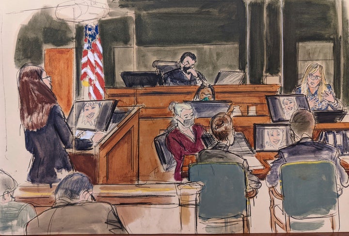 In this courtroom sketch, Annie Farmer, far right, testifies on the witness stand during the Ghislaine Maxwell sex abuse trial, Friday, Dec. 10, 2021, in New York.