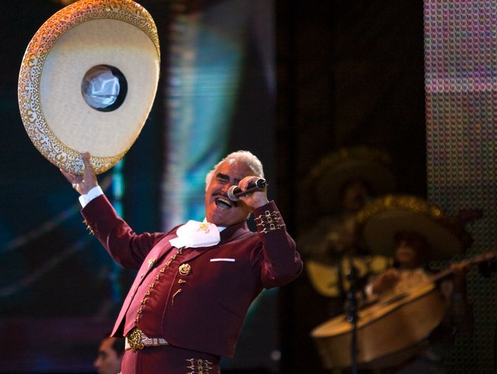 Vicente Fernández performs a concert on Valentine's Day in Mexico City's Zócalo on Feb. 14, 2009. Fernández died at 81 years in México, his family announced on Dec. 12, 2021. 