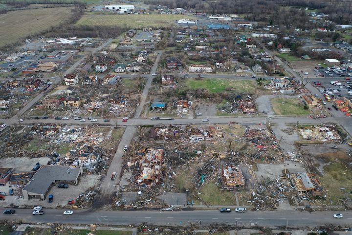 An aerial view of homes and businesses in Mayfield, Kentucky, destroyed by a tornado, one of multiple that touched down in several Midwestern states late Friday, causing widespread destruction and leaving an estimated 80-plus people dead.