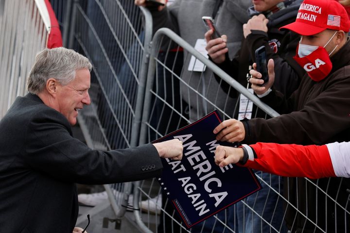 Then-White House chief of staff Mark Meadows greets supporters of President Donald Trump during a 2020 campaign rally. Meadows reportedly said that the National Guard would be available to "protect pro-Trump people" during the Jan. 6 rally at the U.S. Capitol, which turned deadly.
