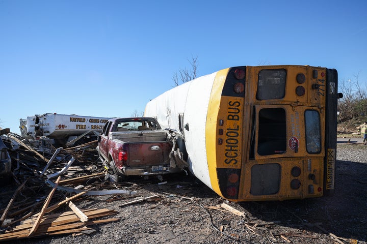 A photo shows a damage after tornado hit Mayfield, Kentucky, United States on December 12, 2021. (Photo by Tayfun Coskun/Anadolu Agency via Getty Images)
