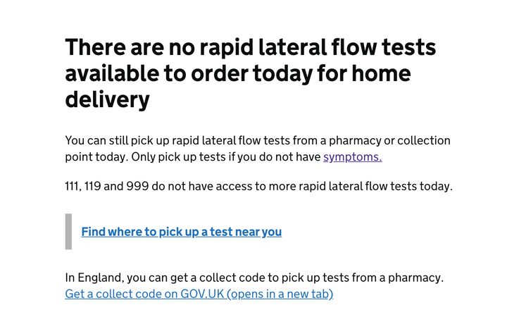 An error message about lateral flow tests on the gov.uk website