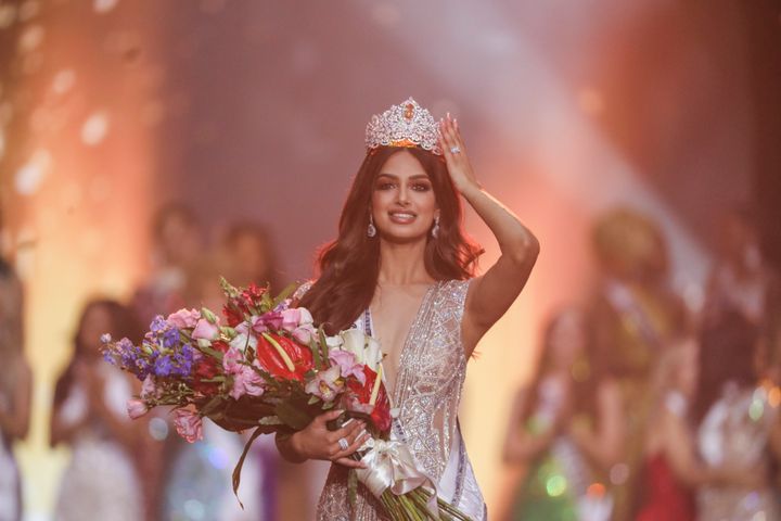 Harnaaz Sandhu of India reacts to being crowned Miss Universe during the 70th Miss Universe beauty pageant in Israel.