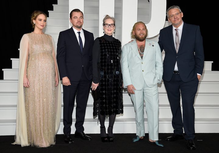 Jennifer Lawrence, left, Leonardo DiCaprio, Meryl Streep, Jonah Hill and Adam McKay pose together at the world premiere of Don't Look Up at Jazz at Lincoln Center on Sunday, Dec. 5, 2021, in New York. (Photo by Evan Agostini/Invision/AP)