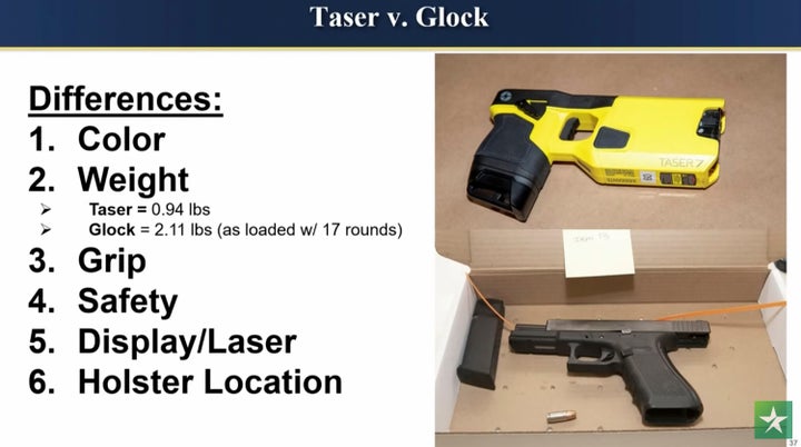 FILE - This image provided by the prosecution shows the difference between a Taser and a Glock as the state delivers their opening statement Wednesday, Dec. 8, 2021, in the trial of former Brooklyn Center police Officer Kim Potter in the April 11 death of Daunte Wright, at the Hennepin County Courthouse in Minneapolis.