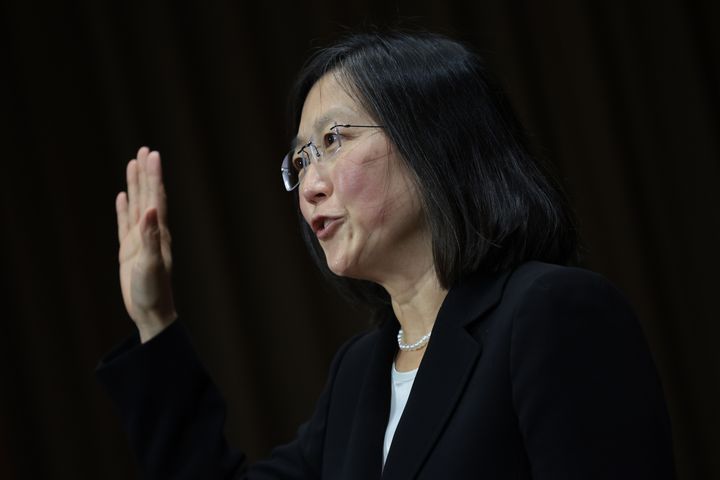 Lucy Koh is sworn in prior to testifying before the Senate Judiciary Committee on Oct. 6, 2021, in Washington, D.C.