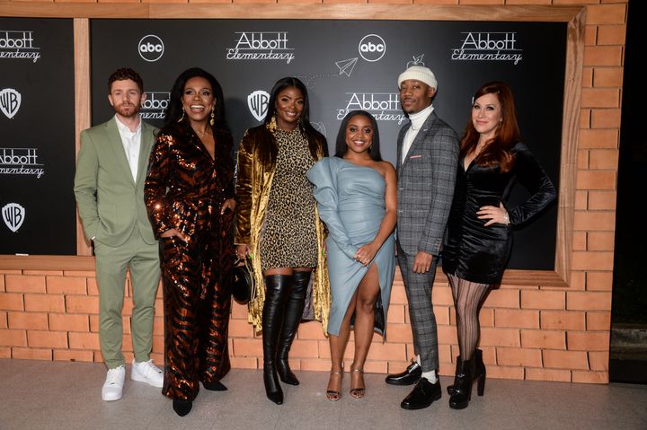From left to right, actors Chris Perfetti, Sheryl Lee Ralph, Janelle James, Quinta Brunson, Tyler James Williams and Lisa Ann Walter attend the "Abbott Elementary" premiere at Walt Disney Studios on Dec. 4 in Burbank, California.