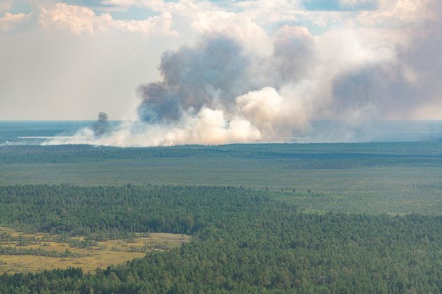 シベリア北西部のハンティ・マンシ自治管区で発生した森林火災の航空写真（2020年7月）