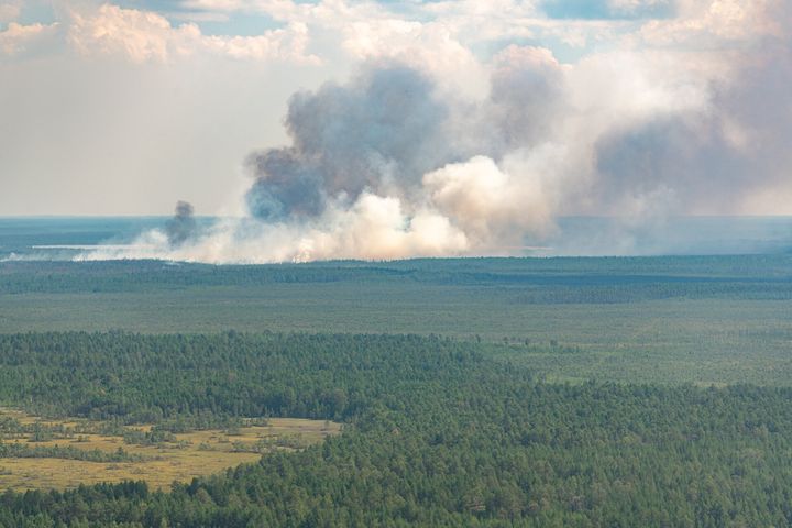 シベリア北西部のハンティ・マンシ自治管区で発生した森林火災の航空写真（2020年7月）