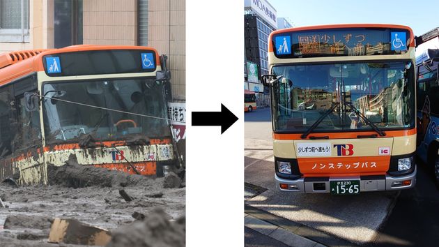 7月4日に土石流にのみこまれた東海バス車両（左）が12月15日に運行再開した（右）