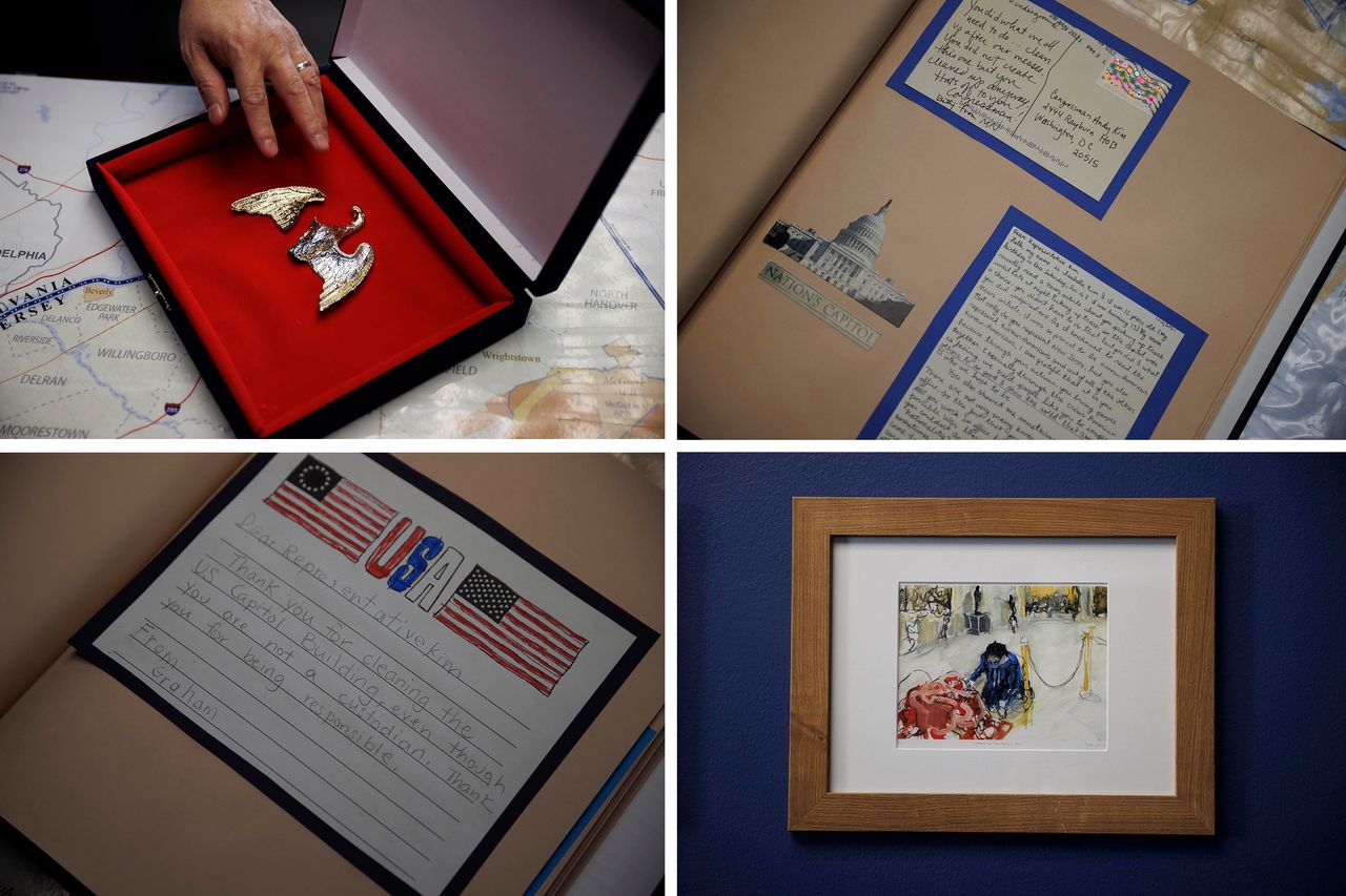 People around the country sent Kim letters, cards and artwork after seeing photos of him cleaning up the Capitol after the Jan. 6 attack. He and his staff kept many of those items and have them in his office. The top left image is a broken gold eagle Kim collected while picking up.