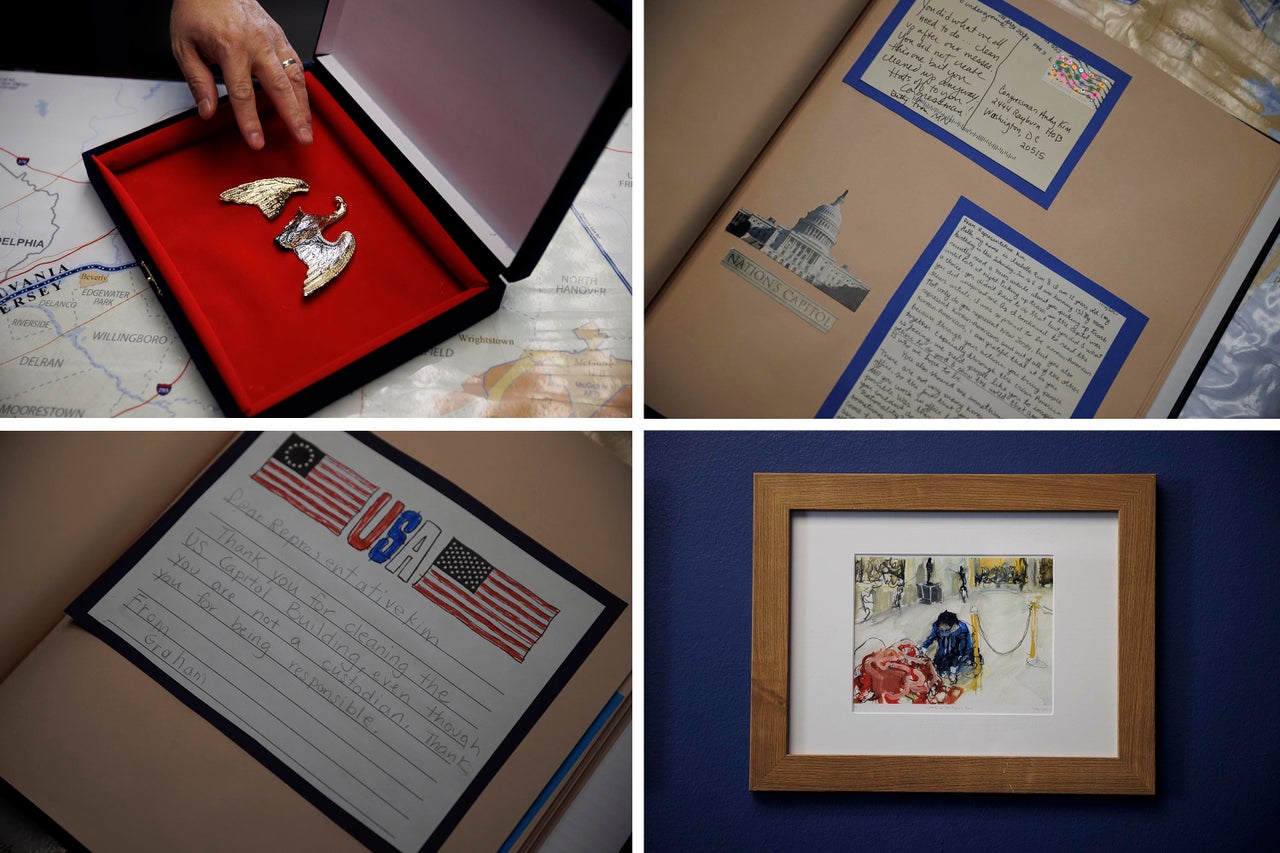 People around the country sent Kim letters, cards and artwork after seeing photos of him cleaning up the Capitol after the January 6 attack. He and his staff kept many of those items and have them in his office. The top left image is a broken gold eagle Kim collected while picking up.