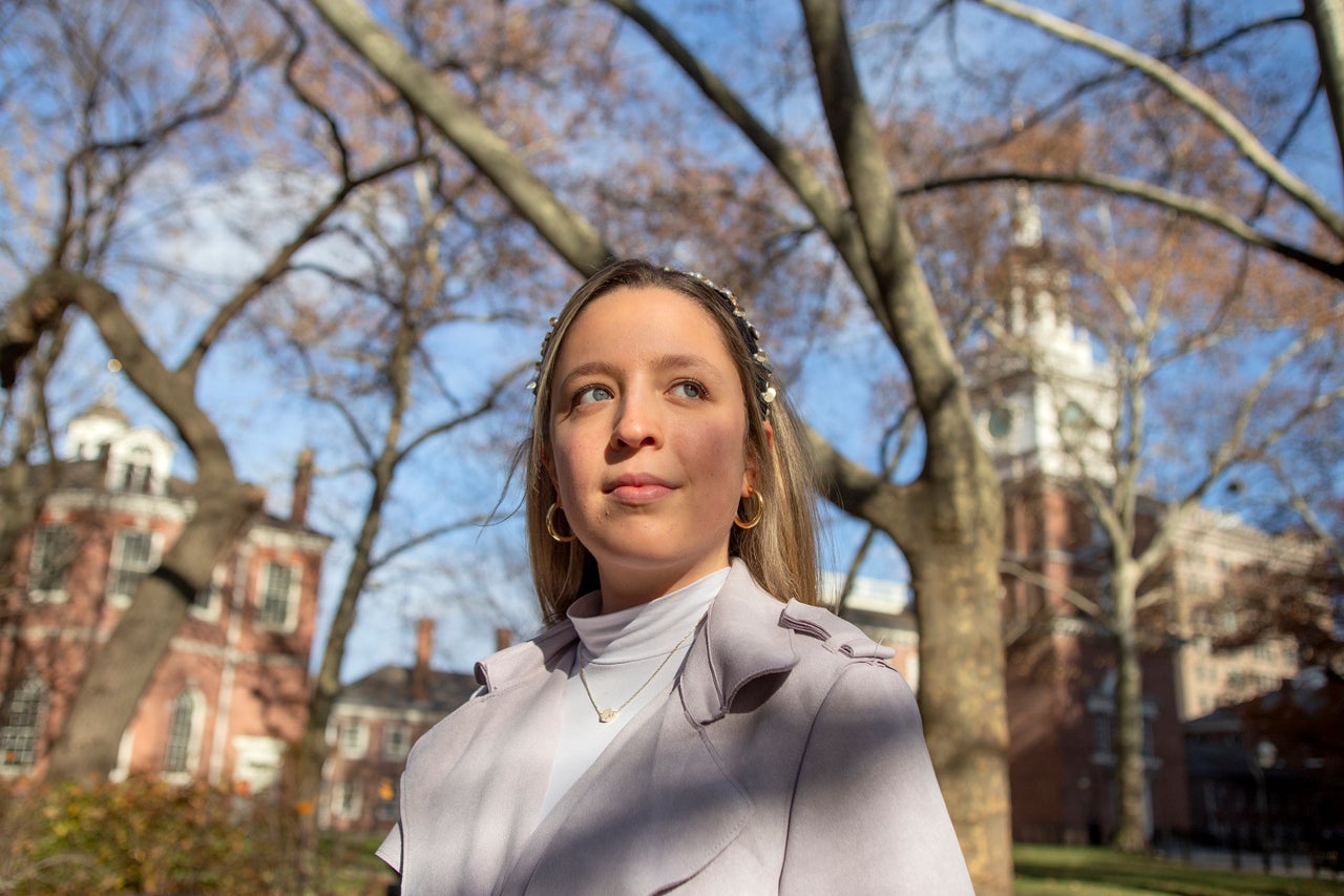 Brennan Leach said she felt a duty to correct the record regarding a photo of her that went viral on the day of the Capitol riot. Here she is pictured on the grounds of Independence Hall in Philadelphia on Dec. 7.