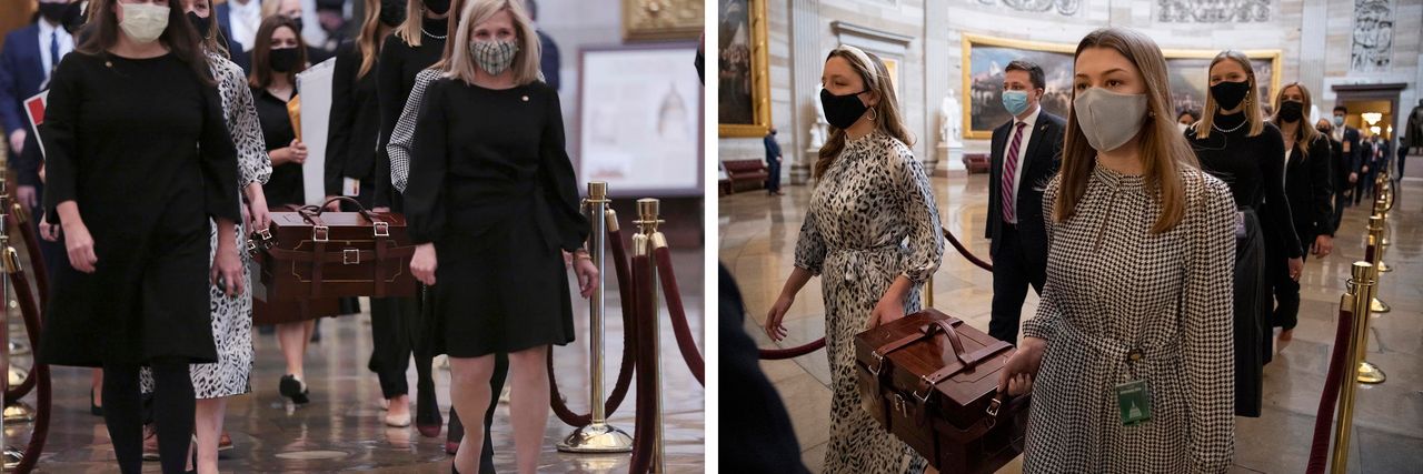 Leach was one of the chamber assistants who carried the ballots on Jan. 6, 2021. In the left picture, she is pictured in the black mask, second from the left. In the other image, she is on the left.
