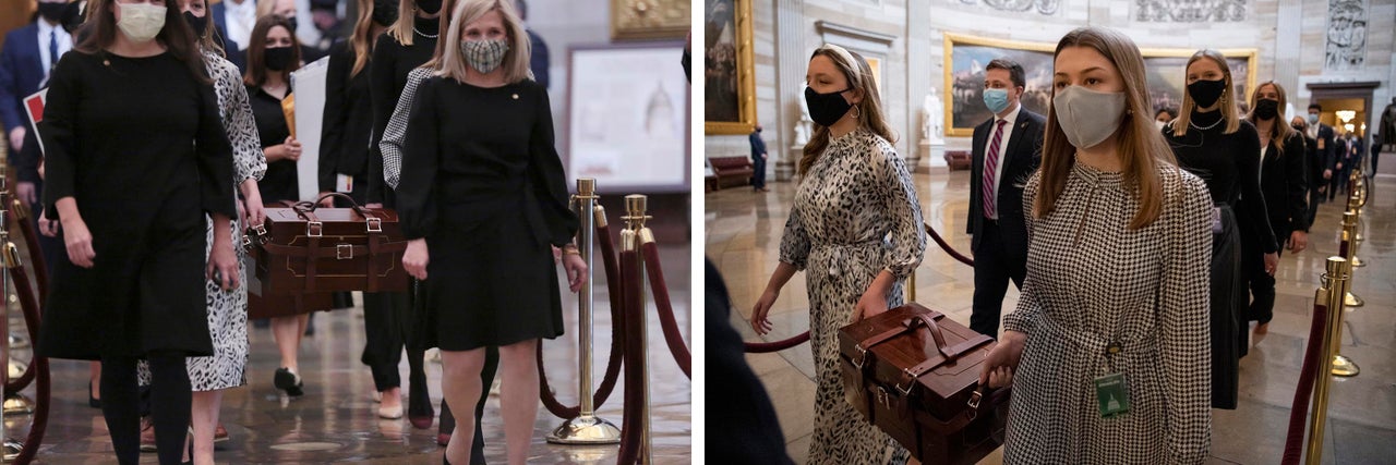 Leach was one of the chamber assistants who carried the ballots on January 6, 2021. In the left picture, she is pictured in the black mask, second from the left. In the other image, she is on the left.