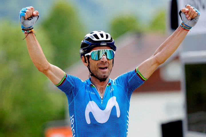 Valverde celebra una victoria en el Criterium del Dauphiné este año