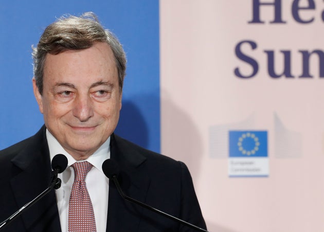Italian Prime Minister Mario Draghi attends a news conference at a virtual G20 summit on the global health...