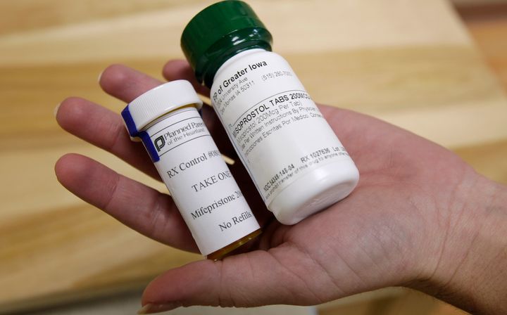 This Sept. 22, 2010, photo shows bottles of the abortion-inducing drug, mifepristone and misoprostol, at a clinic in Des Moines, Iowa.