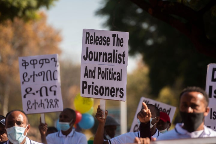PRETORIA, SOUTH AFRICA - MAY 28: Eritreans living in South Africa protest at the Eritrean Embassy on May 28, 2021 in Pretoria, South Africa. The group demanded that Eritrean soldiers withdraw from Ethiopia and the Tigray war; the release of journalists and political prisoners and justice to the people of Eritrea among other demands.