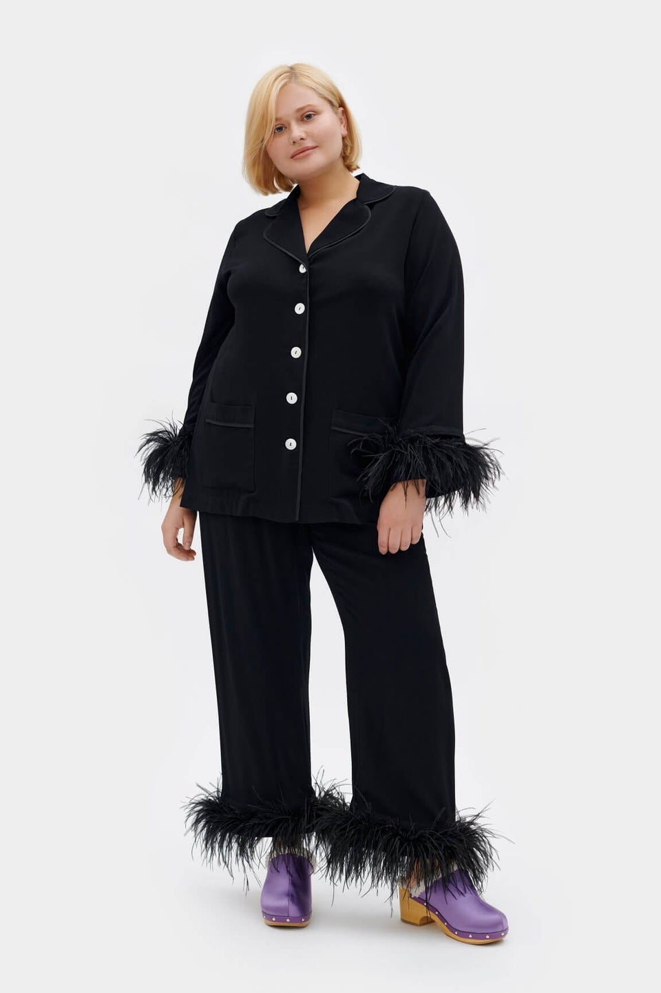 Black Party Pajama Set With Feathers