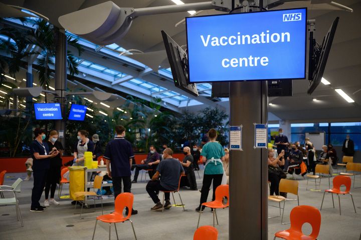 A general view of the interior of a converted call centre, which is being used as an NHS Covid-19 vaccination centre in Ramsgate, Kent.