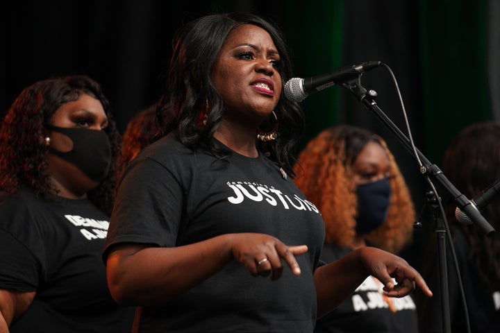 Dr. Tiffany Crutcher speaks during a Juneteenth celebration in the Greenwood District of Tulsa, Oklahoma, on June 19, 2020. Crutcher is the twin sister of Terence Crutcher, who was killed by a Tulsa police officer in 2016. She is an advocate for police reform and racial justice.