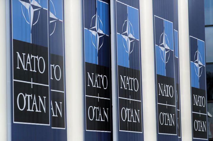 NATO logos are seen at the Alliance headquarters ahead of a NATO Defence Ministers meeting, in Brussels, Belgium, October 21, 2021. REUTERS/Pascal Rossignol