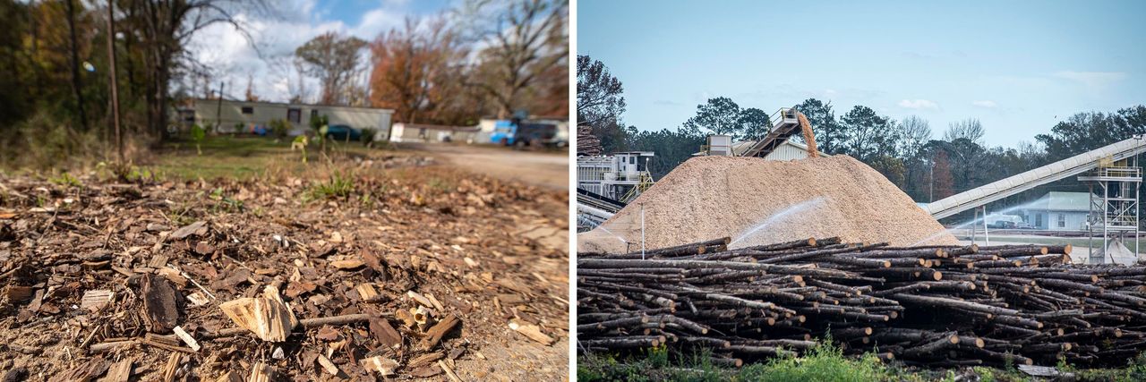 Left: Wood chips from the Drax Biomass production facility litter the roadside in Gloster, Mississippi. Right: Drax Biomass, a multinational woodchip production company operates a facility in Gloster that produces woodchips for the British heating market.