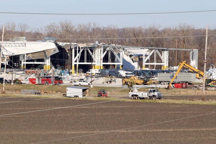 The damaged Amazon fulfillment center in Edwardsville, Illinois, on Dec. 13.