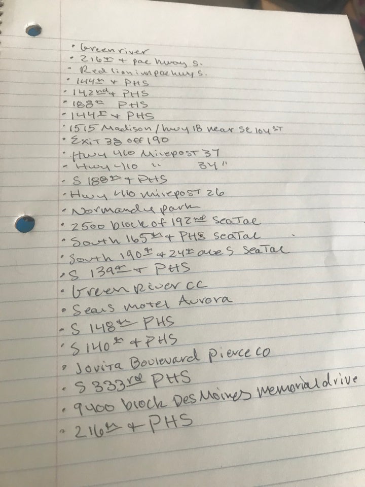 This list is a mix of places where victims were last seen and where victims' bodies were discovered.